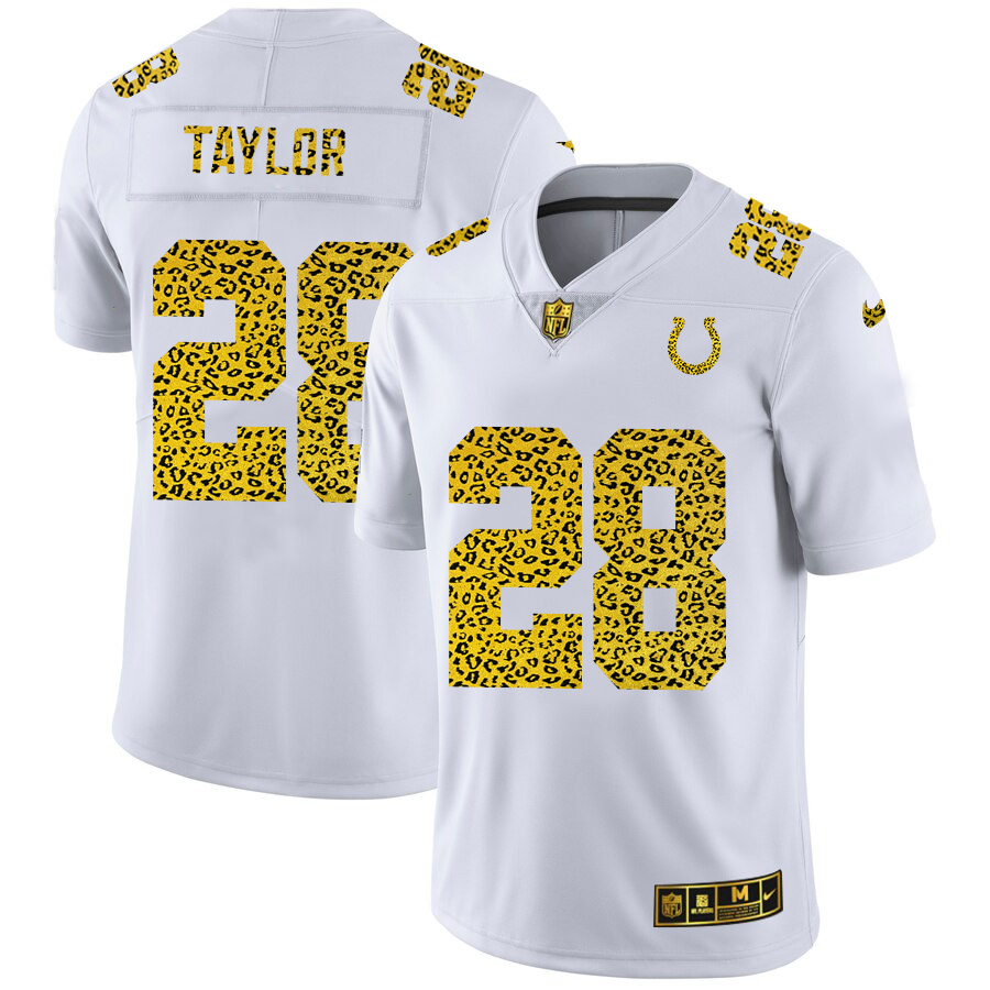 Indianapolis Colts #28 Jonathan Taylor Men's Flocked Leopard Print Vapor Limited Jersey White