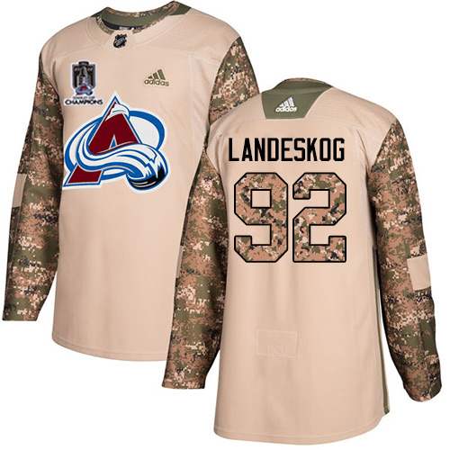 Adidas Colorado Avalanche #92 Gabriel Landeskog Camo Authentic Youth 2022 Stanley Cup Champions Veterans Day Stitched Jersey Youth