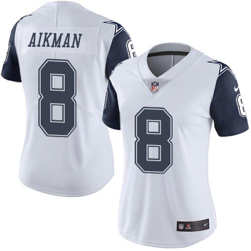 Dallas Cowboys #8 Troy Aikman White Women's Stitched Limited Rush Jersey Womens