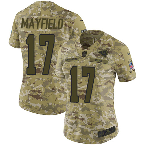 Rams #17 Baker Mayfield Camo Women's Stitched Limited 2018 Salute To Service Jersey