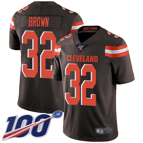 Browns #32 Jim Brown Brown Team Color Men's Stitched 100th Season Vapor Limited Jersey