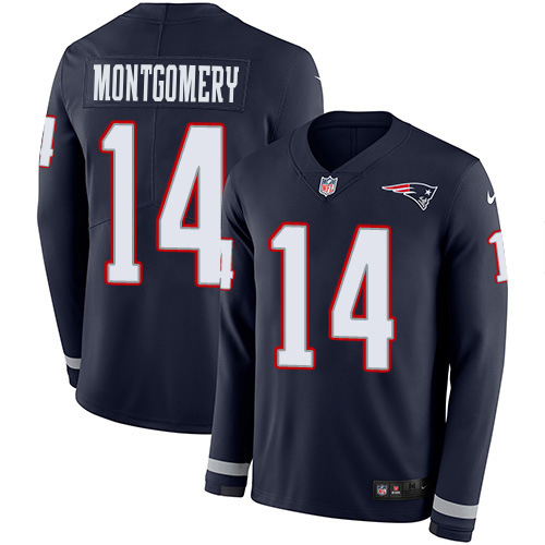 Patriots #14 Ty Montgomery Navy Blue Team Color Youth Stitched Limited Therma Long Sleeve Jersey