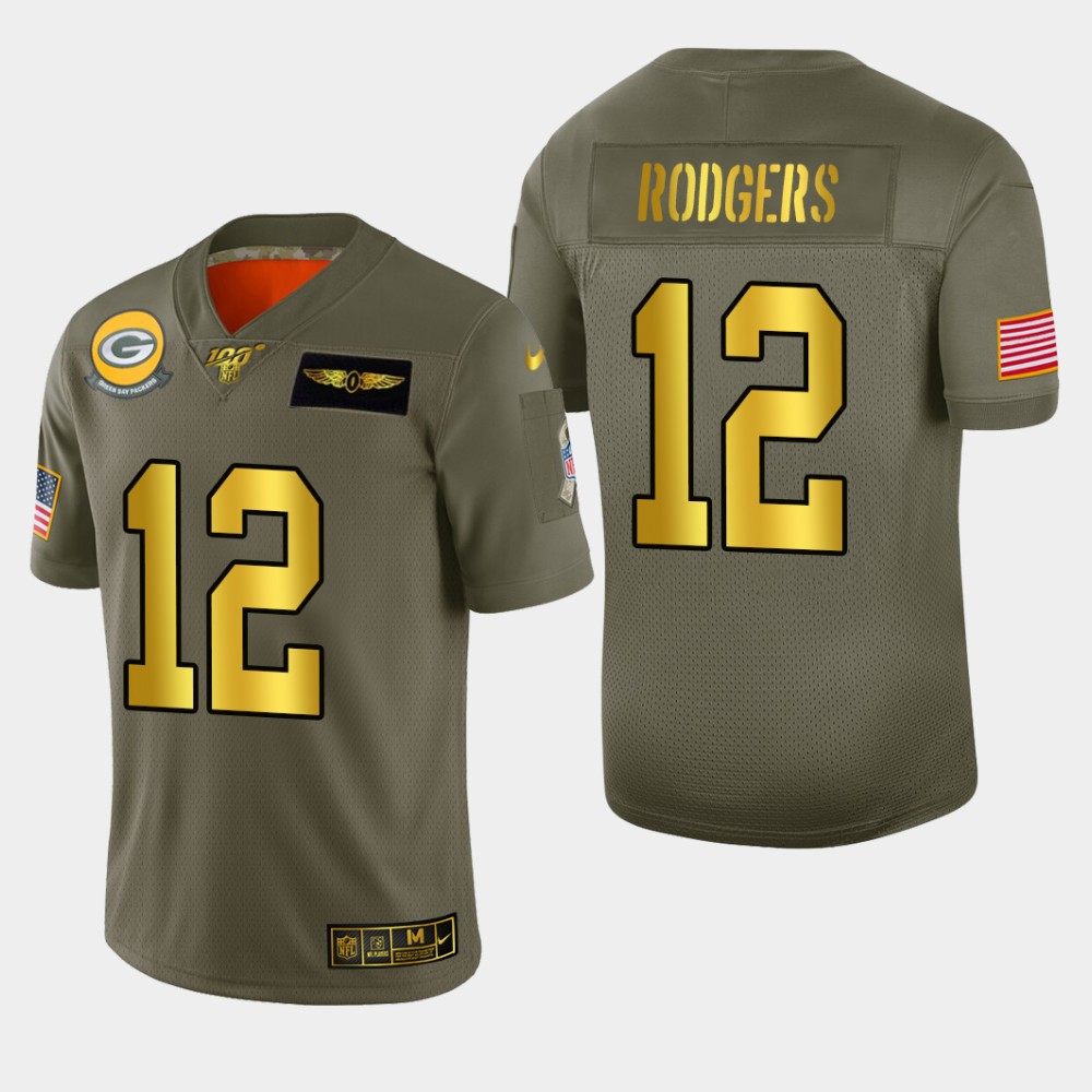 Packers #12 Aaron Rodgers Men's Olive Gold 2019 Salute To Service 100 Limited Jersey