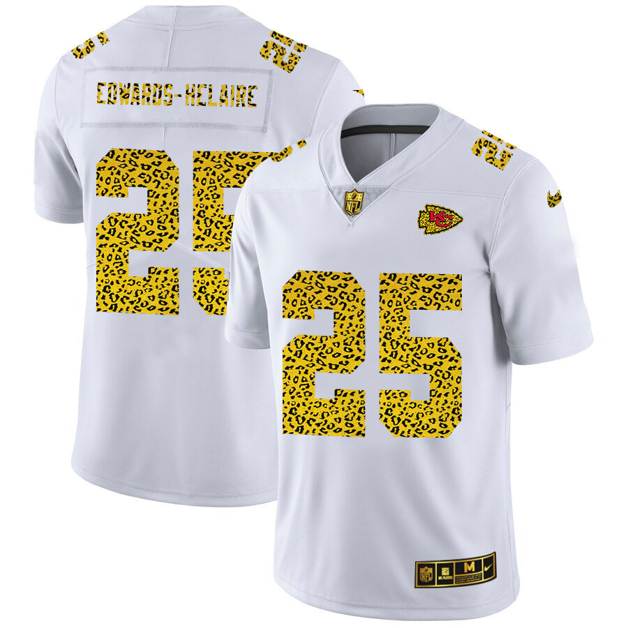 Kansas City Chiefs #25 Clyde Edwards-Helaire Men's Flocked Leopard Print Vapor Limited Jersey White