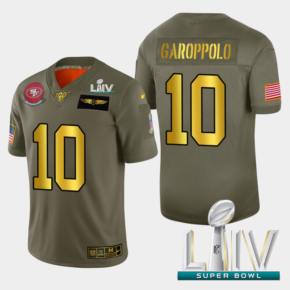 49ers #10 Jimmy Garoppolo Men's Olive Gold Super Bowl LIV 2020 2019 Salute To Service 100 Limited Jersey