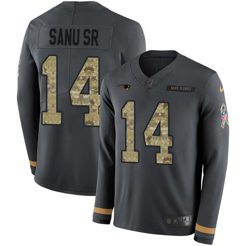New England Patriots #14 Mohamed Sanu Sr Anthracite Salute to Service Men's Stitched Limited Therma Long Sleeve Jersey Men's