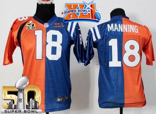 Colts #18 Peyton Manning Orange/Blue Super Bowl XLI & Super Bowl 50 Youth Stitched Elite Split Broncos Jersey