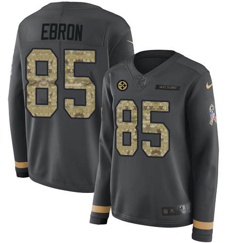 Pittsburgh Steelers #85 Eric Ebron Anthracite Salute to Service Women's Stitched Limited Therma Long Sleeve Jersey Womens