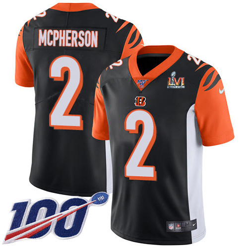 Bengals #2 Evan McPherson Black Team Color Super Bowl LVI Patch Youth Stitched 100th Season Vapor Limited Jersey
