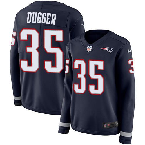 New England Patriots #35 Kyle Dugger Navy Blue Team Color Women's Stitched Limited Therma Long Sleeve Jersey Womens