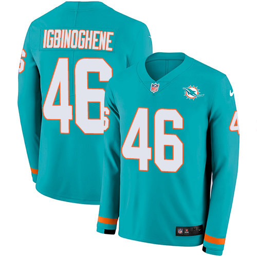 Miami Dolphins #46 Noah Igbinoghene Aqua Green Team Color Youth Stitched Limited Therma Long Sleeve Jersey Youth