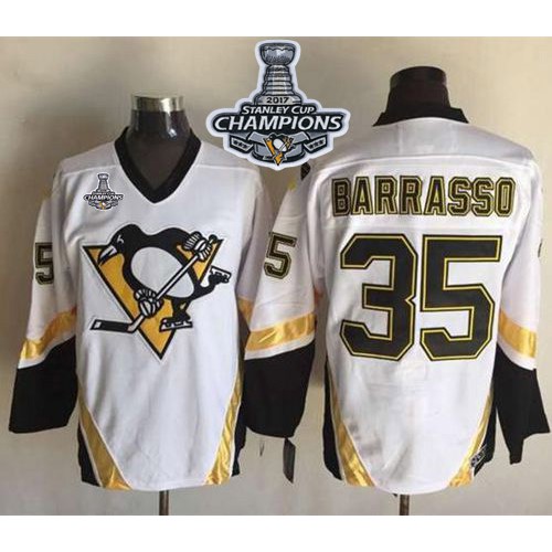 Pittsburgh Penguins #35 Tom Barrasso White CCM Throwback 2017 Stanley Cup Finals Champions Stitched Jersey Men's