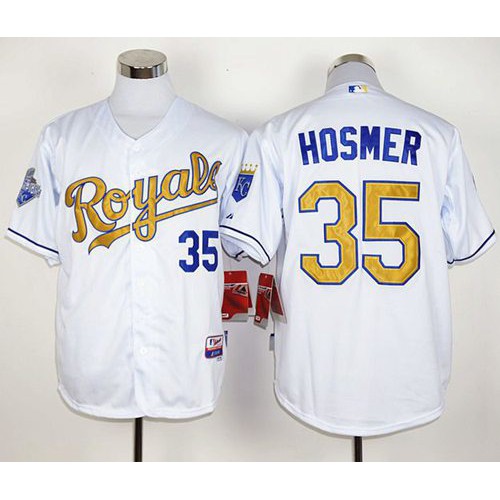 Kansas City Royals #35 Eric Hosmer White 2015 World Series Champions Gold Program Stitched Jersey Men's