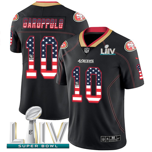 49ers #10 Jimmy Garoppolo Black Super Bowl LIV 2020 Men's Stitched Limited Rush USA Flag Jersey