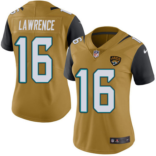 Jaguars #16 Trevor Lawrence Gold Women's Stitched Limited Rush Jersey