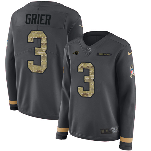 Carolina Panthers #3 Will Grier Anthracite Salute to Service Women's Stitched Limited Therma Long Sleeve Jersey Womens
