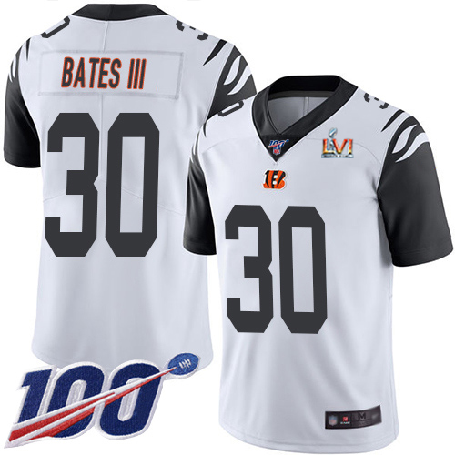 Bengals #30 Jessie Bates White Super Bowl LVI Patch Youth Stitched Limited Rush 100th Season Jersey
