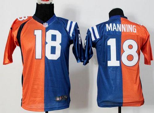 Colts #18 Peyton Manning Orange/Blue Youth Stitched Elite Split Broncos Jersey