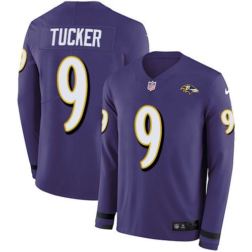 Ravens #9 Justin Tucker Purple Team Color Men's Stitched Limited Therma Long Sleeve Jersey