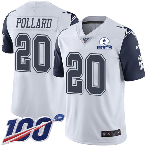 Cowboys #20 Tony Pollard White Men's Stitched With Established In 1960 Patch Limited Rush 100th Season Jersey