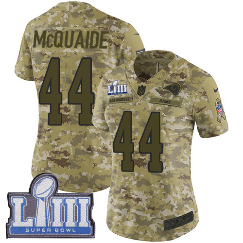 Los Angeles Rams #44 Jacob McQuaide Camo Super Bowl LIII Bound Women's Stitched Limited 2018 Salute to Service Jersey Womens