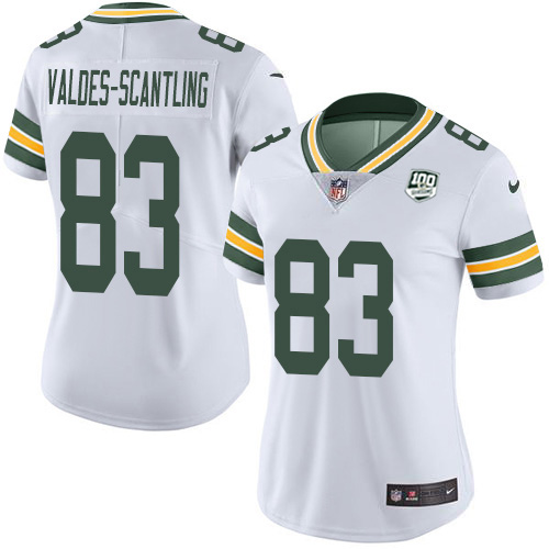 Green Bay Packers #83 Marquez Valdes-Scantling White Women's 100th Season Stitched Vapor Untouchable Limited Jersey Womens