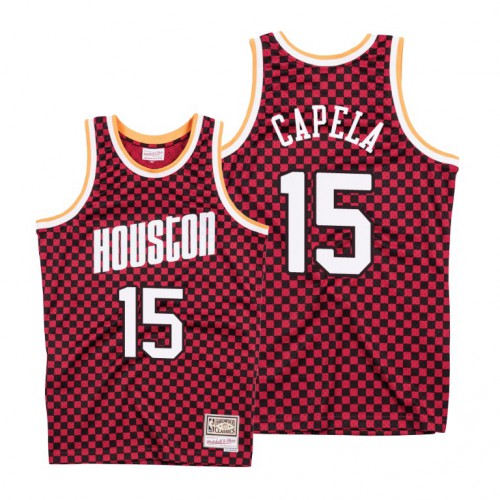 Mitchell & Ness Houston Rockets #15 Clint Capela Red Checkerboard HWC Throwback Jersey Mens