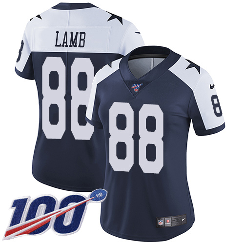 Cowboys #88 CeeDee Lamb Navy Blue Thanksgiving Women's Stitched 100th Season Vapor Throwback Limited Jersey