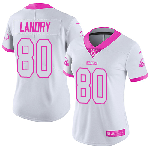 Browns #80 Jarvis Landry White/Pink Women's Stitched Limited Rush Fashion Jersey