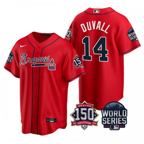 Atlanta Atlanta Braves #14 Adam Duvall Men's 150th Anniversary 2021 World Series Game Jersey - Red Men's