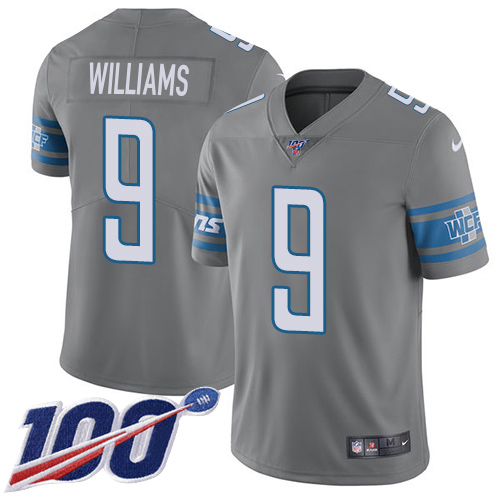 Lions #9 Jameson Williams Gray Men's Stitched Limited Rush 100th Season Jersey