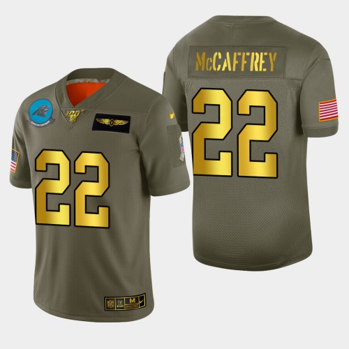 Carolina Carolina Panthers #22 Christian McCaffrey Men's Olive Gold 2019 Salute to Service Limited 100 Jersey Men's