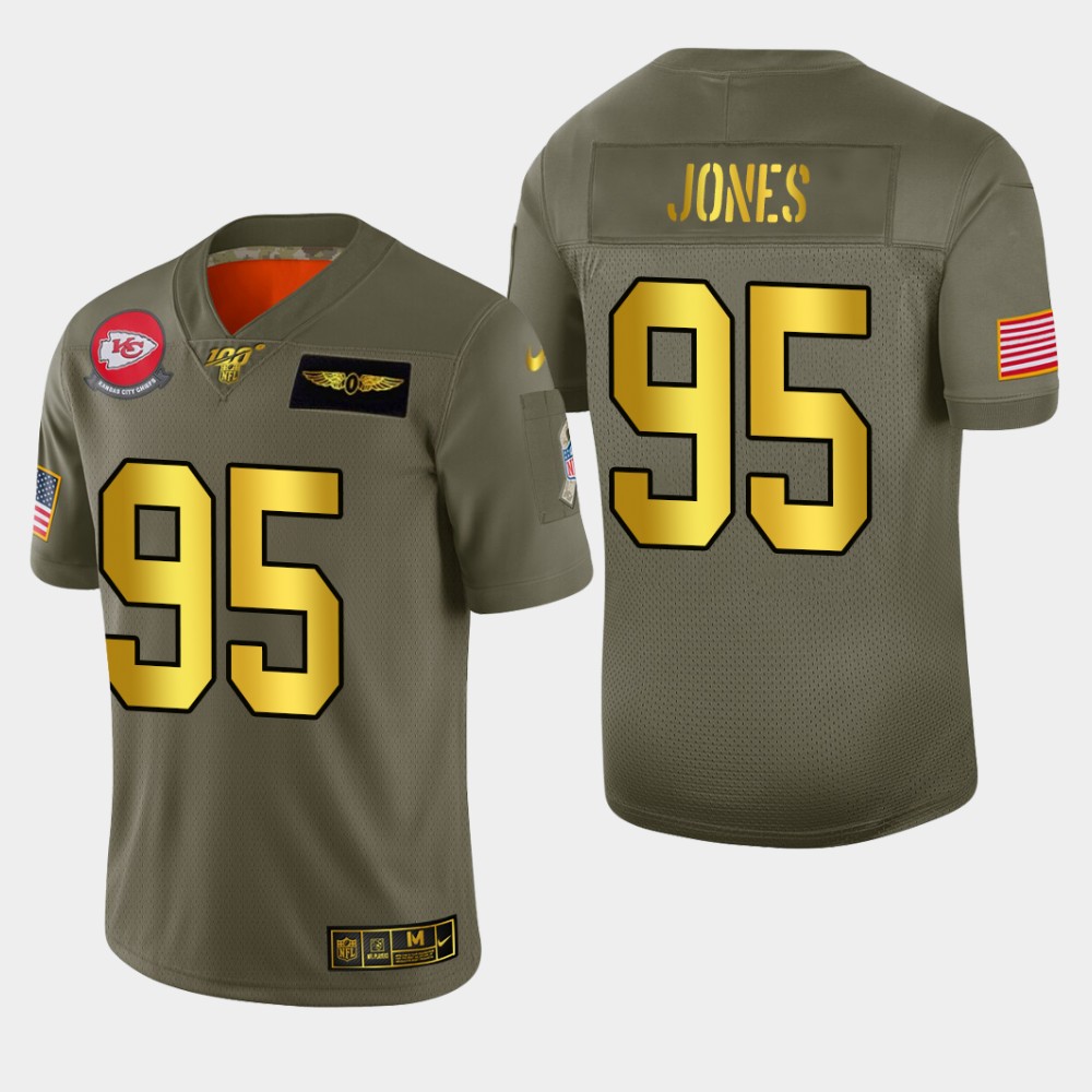 Kansas City Chiefs #95 Chris Jones Men's Olive Gold 2019 Salute To Service Limited 100 Jersey