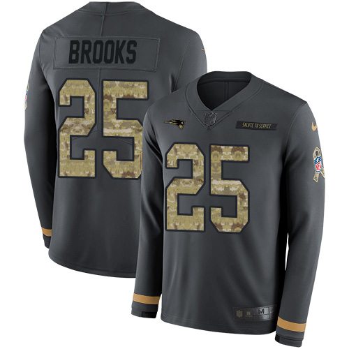 New England Patriots #25 Terrence Brooks Anthracite Salute to Service Men's Stitched Limited Therma Long Sleeve Jersey Men's