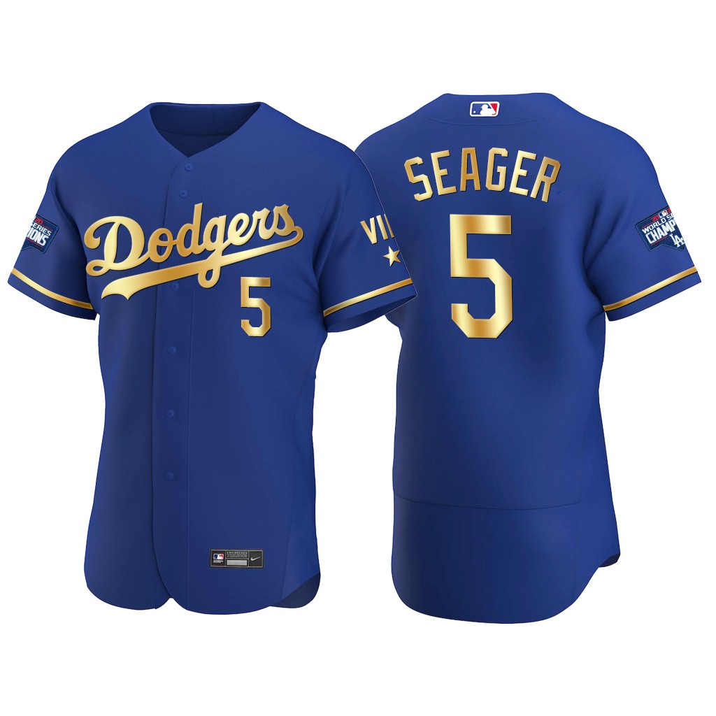 Los Angeles Dodgers #5 Corey Seager Men's Authentic 2021 Gold Program World Series Champions Jersey Royal