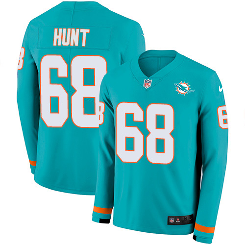 Miami Dolphins #68 Robert Hunt Aqua Green Team Color Men's Stitched Limited Therma Long Sleeve Jersey Men's