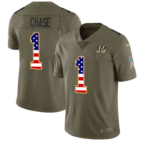 Bengals #1 Ja'Marr Chase Olive/USA Flag Men's Stitched Limited 2017 Salute To Service Jersey