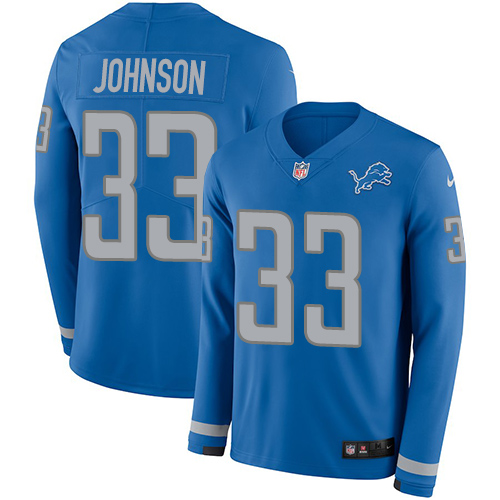 Detroit Lions #33 Kerryon Johnson Blue Team Color Men's Stitched Limited Therma Long Sleeve Jersey Men's