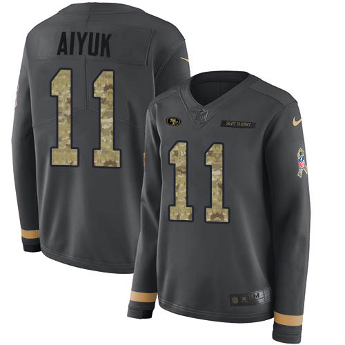 San Francisco 49ers #11 Brandon Aiyuk Anthracite Salute to Service Women's Stitched Limited Therma Long Sleeve Jersey Womens