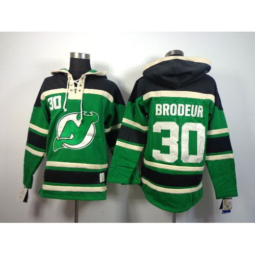 New Jersey Devils #30 Martin Brodeur Green St. Patrick's Day McNary Lace Hoodie Stitched Jersey Men's