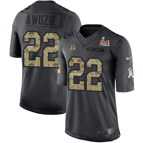 Cincinnati Bengals #22 Chidobe Awuzie Black Super Bowl LVI Patch Men's Stitched Limited 2016 Salute to Service Jersey Youth