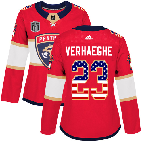 Adidas Panthers #23 Carter Verhaeghe Red 2023 Stanley Cup Final Patch Home Authentic USA Flag Women's Stitched Jersey
