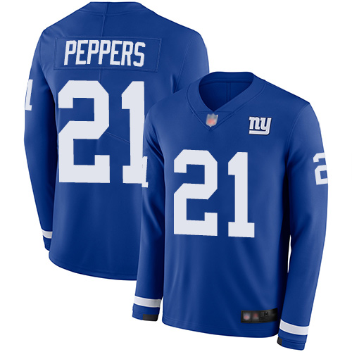 New York Giants #21 Jabrill Peppers Royal Blue Team Color Men's Stitched Limited Therma Long Sleeve Jersey Men's