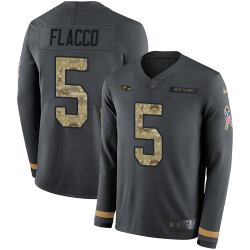 Baltimore Ravens #5 Joe Flacco Anthracite Salute to Service Youth Stitched Limited Therma Long Sleeve Jersey Youth