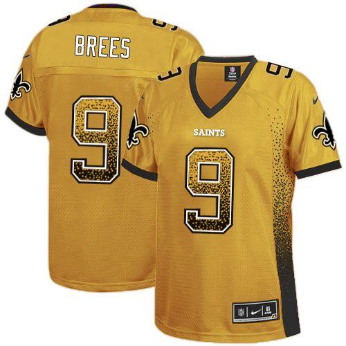 Saints #9 Drew Brees Gold Women's Stitched Elite Drift Fashion Jersey