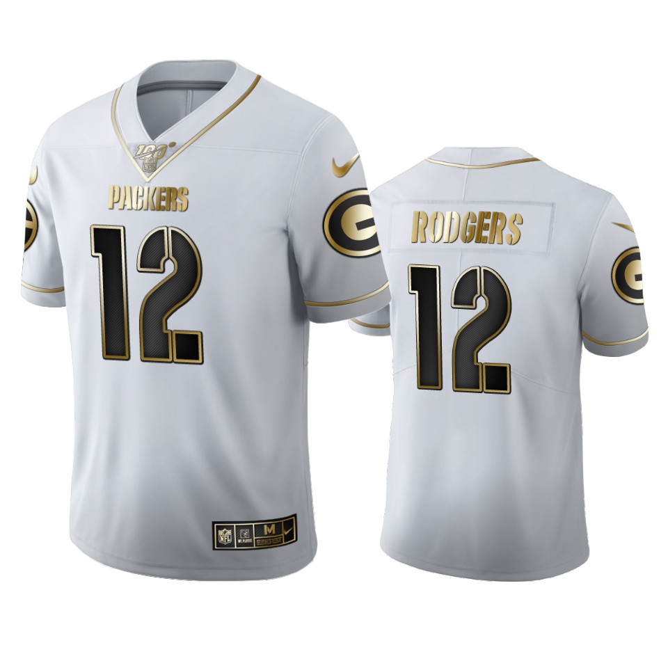 Green Bay Packers #12 Aaron Rodgers Men's White Golden Edition Vapor Limited 100 Jersey