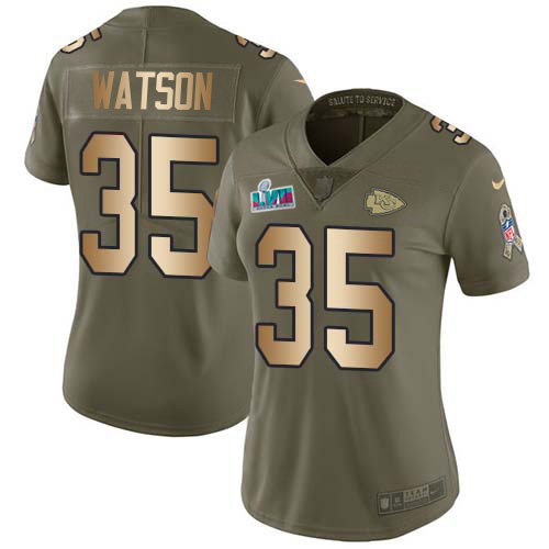 Chiefs #35 Jaylen Watson Olive/Gold Super Bowl LVII Patch Women's Stitched Limited 2017 Salute To Service Jersey