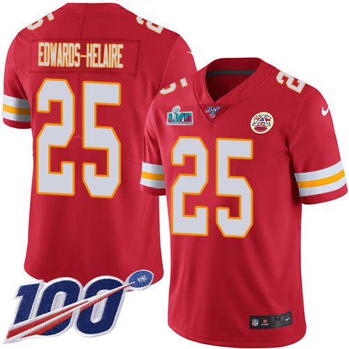 Chiefs #25 Clyde Edwards-Helaire Red Team Color Super Bowl LVII Patch Youth Stitched 100th Season Vapor Limited Jersey
