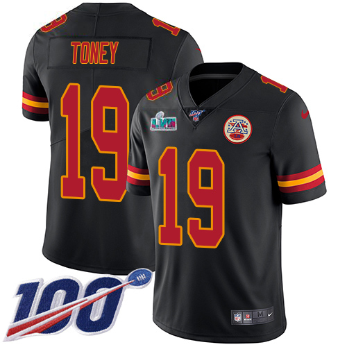 Chiefs #19 Kadarius Toney Black Super Bowl LVII Patch Youth Stitched Limited Rush 100th Season Jersey