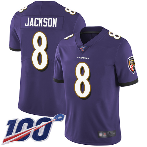 Ravens #8 Lamar Jackson Purple Team Color Youth Stitched 100th Season Vapor Limited Jersey